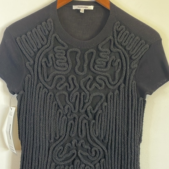 Mod Patterned Dress Carven Knee Small Black Rope Shift Mini Real Real Little LBD - Picture 4 of 16